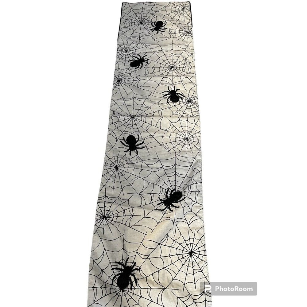 Black Spider Web Black Beaded Halloween Table Runner Hallow Home 71” x‎ 17”  EL1